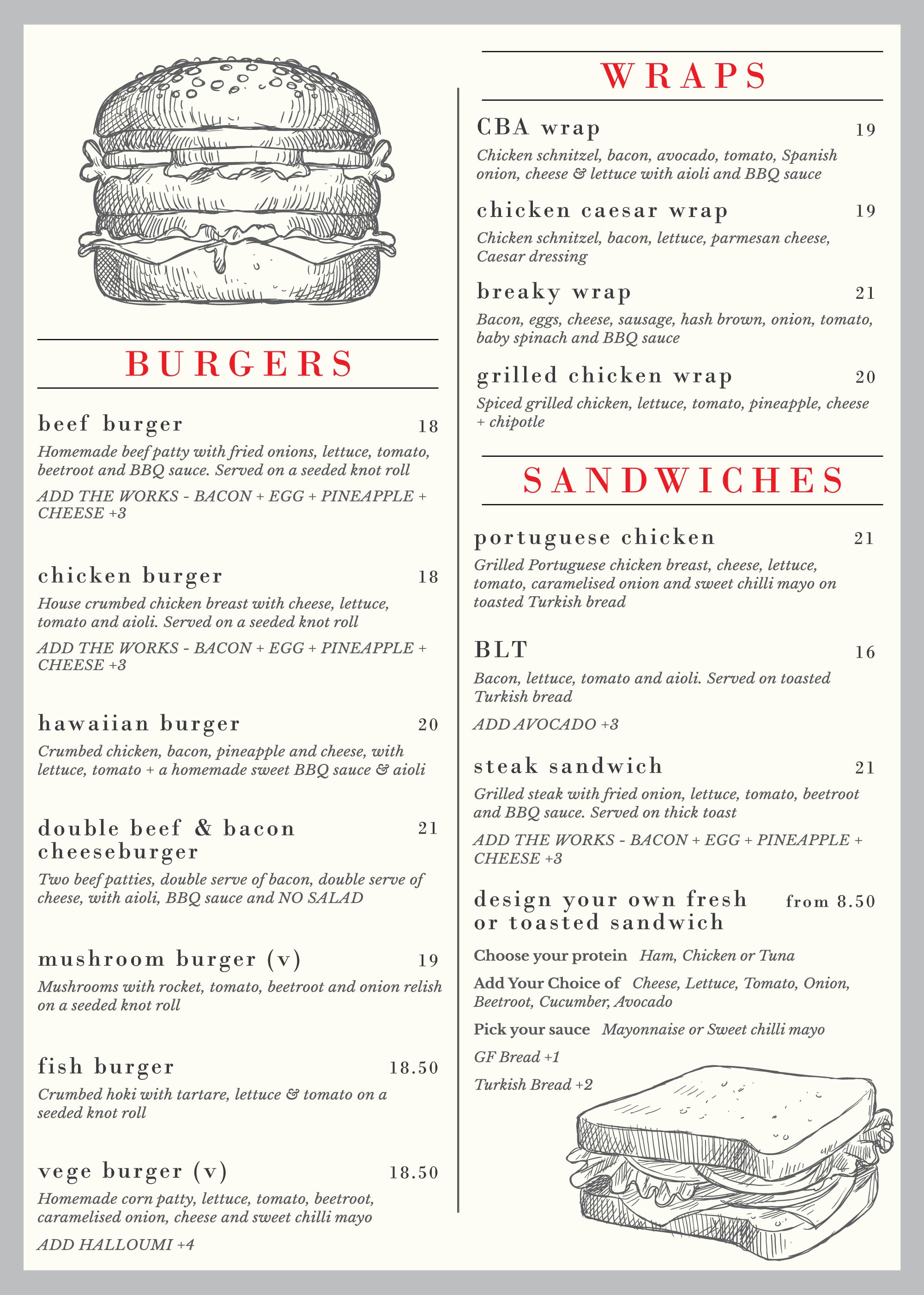 Amy's Country Cafe menu — Burgers, Wraps and Sandwiches