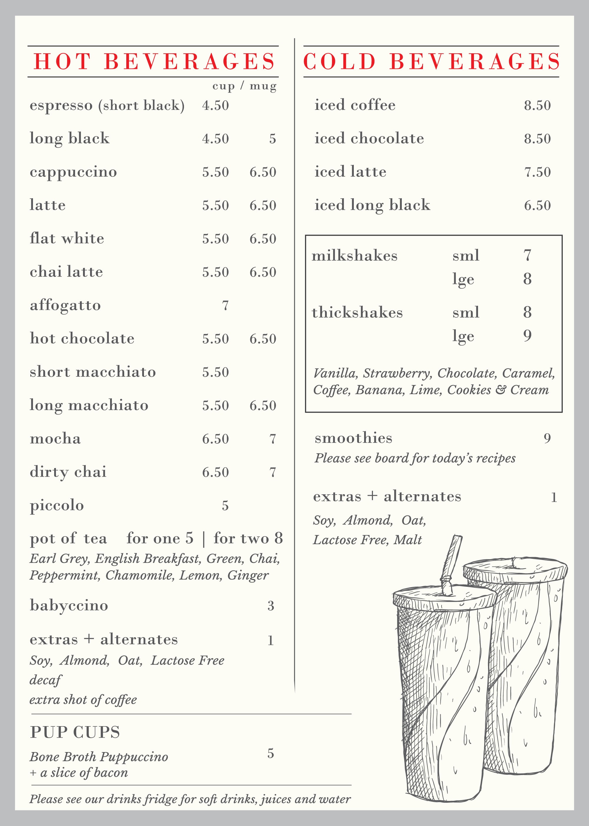 Amy's Country Cafe menu — Hot and Cold Beverages, Milkshakes, Smoothies